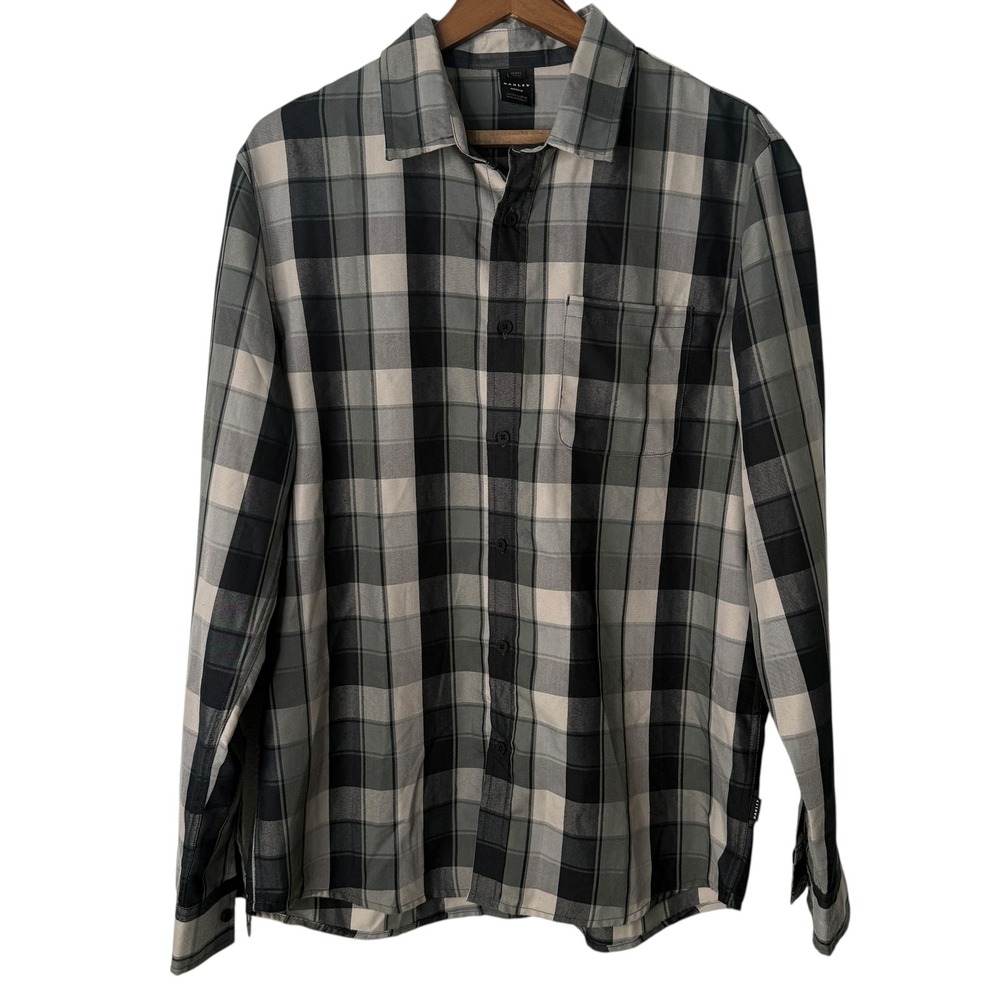 Oakley Men Custom Fit Plaid Button Up Shirt Gray Black Long Sleeve Large Flannel